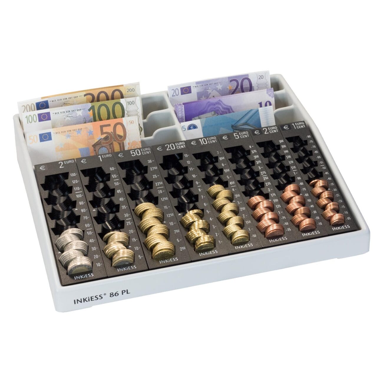 Euro-Geldmünzen und Banknoten in Kasseneinsatz.