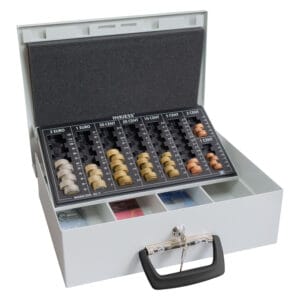 Stahlkassette mit Euro-Münzeinsdatz und Scheinfächern.