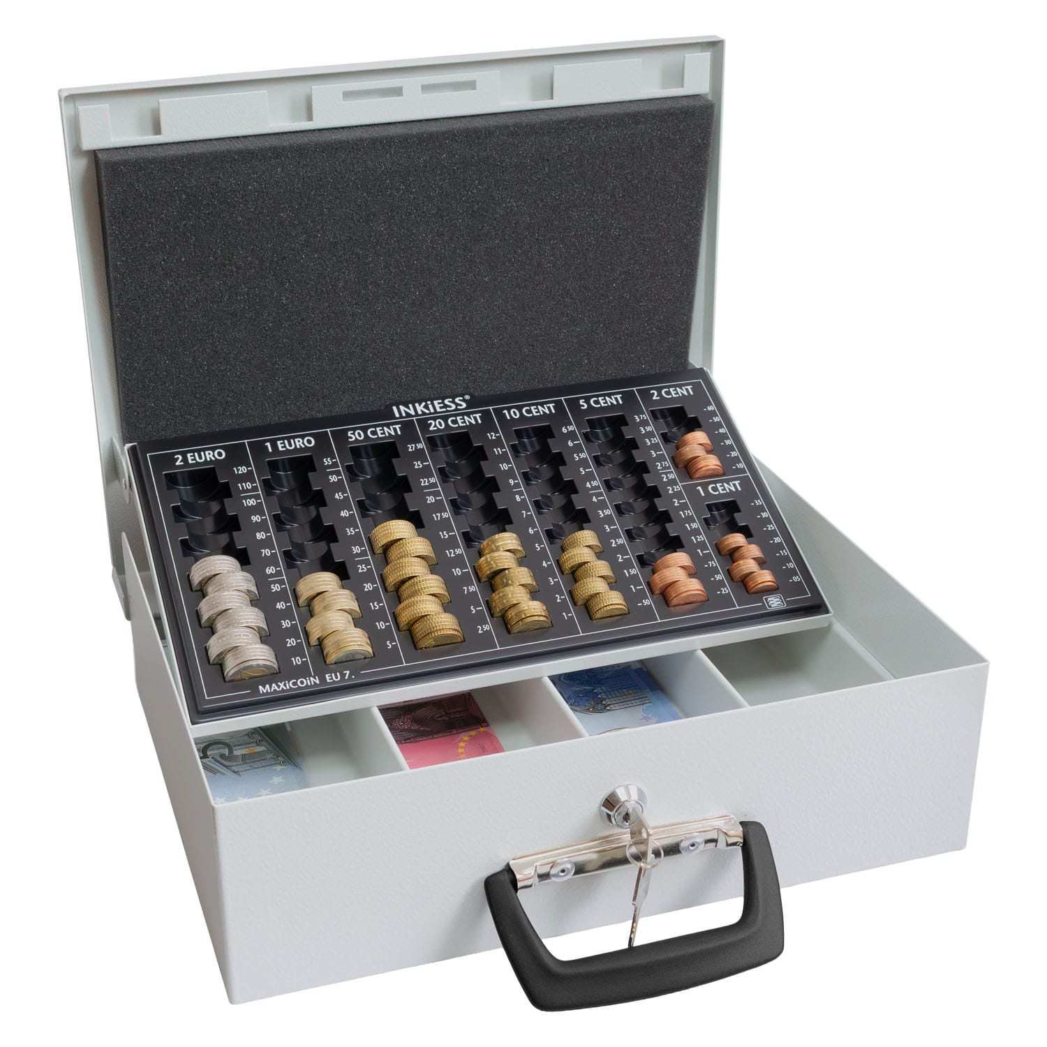 Stahlkassette mit Euro-Münzeinsdatz und Scheinfächern.