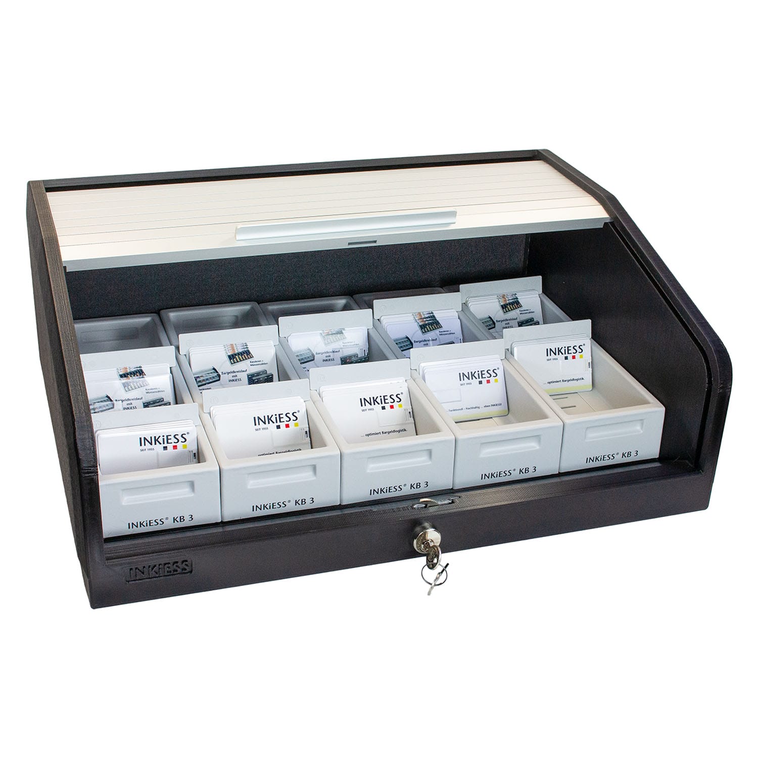 Kassenbox mit Kartenfächern und Schlüssel