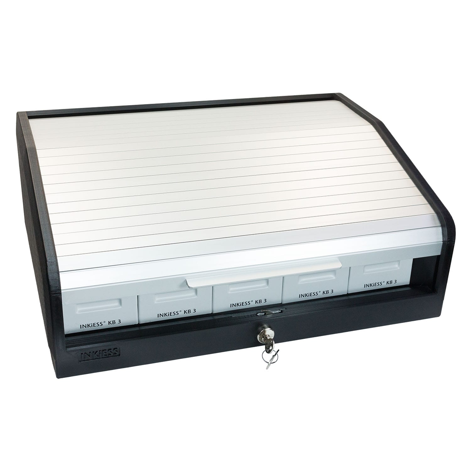 Geldkassettenschrank mit Schubladen und Schloss.