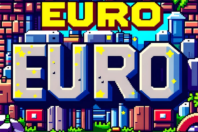 Pixelart-Stadt mit EURO-Text im Vordergrund.
