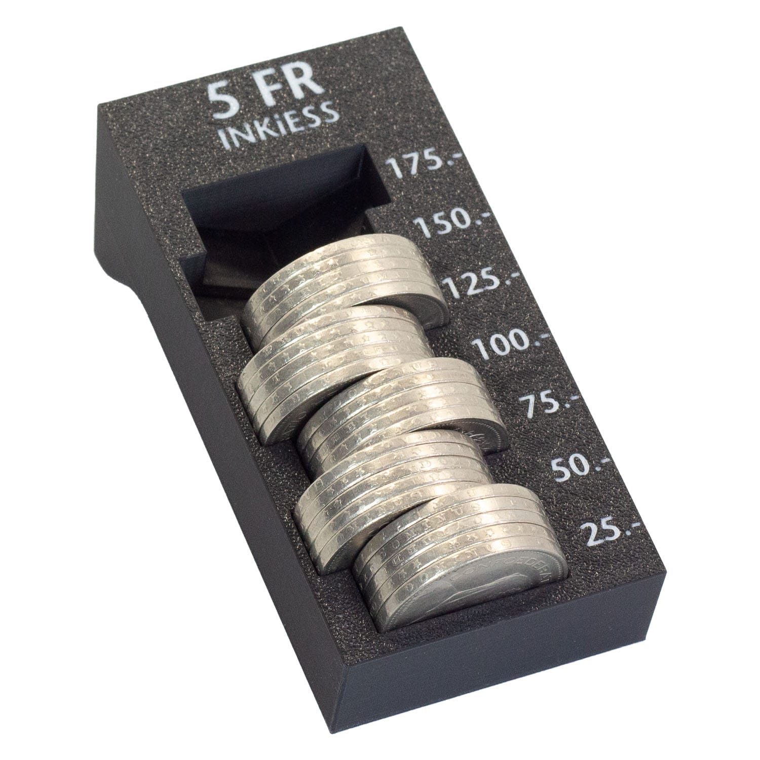 Münzhalter mit gestapelten 5 Franken Münzen.