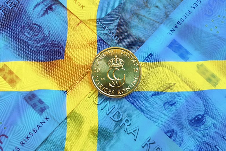 Schwedische Krone Münze und Geldscheine.