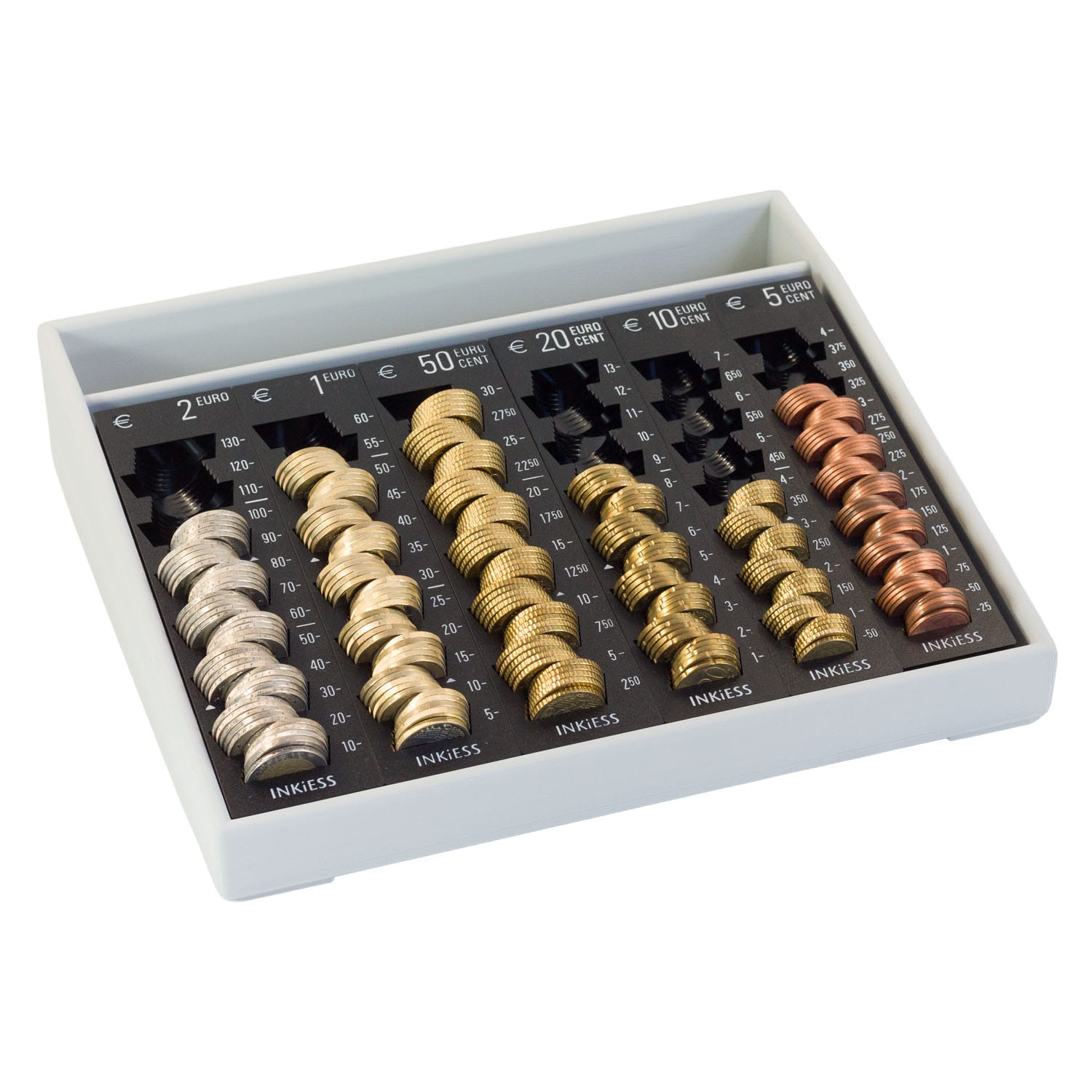 Münzzählbrett mit gestapelten Euro-Münzen, unterschiedliche Werte.