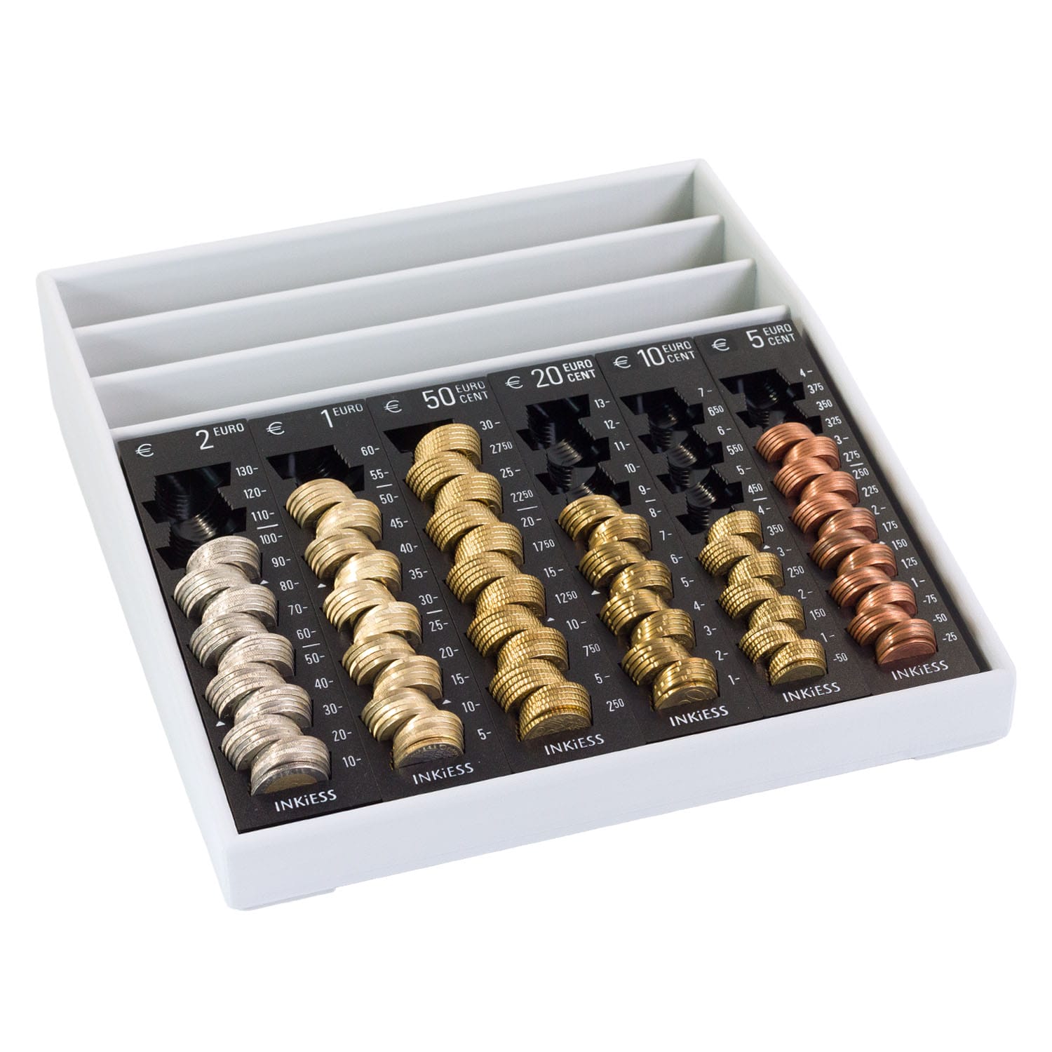 Münzablage mit Euro-Münzen in verschiedenen Werten.