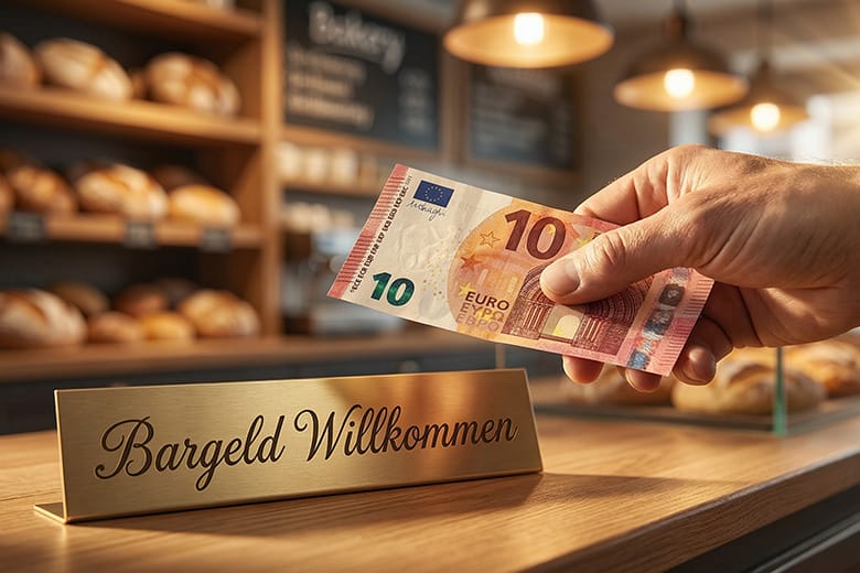 B&auml;ckerei akzeptiert Bargeld, 10-Euro-Schein in Hand