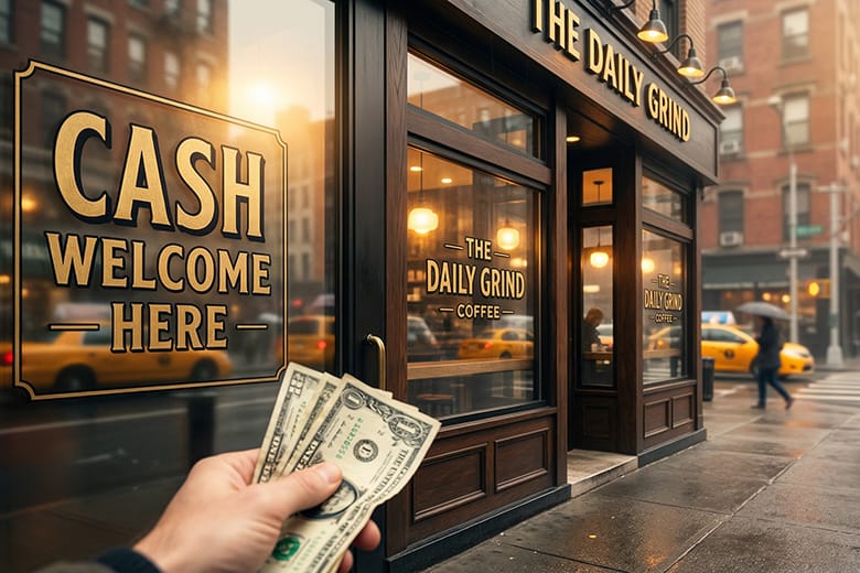 Caf&eacute; mit Bargeld willkommen Schild, gelbe Taxis vorbeifahrend.